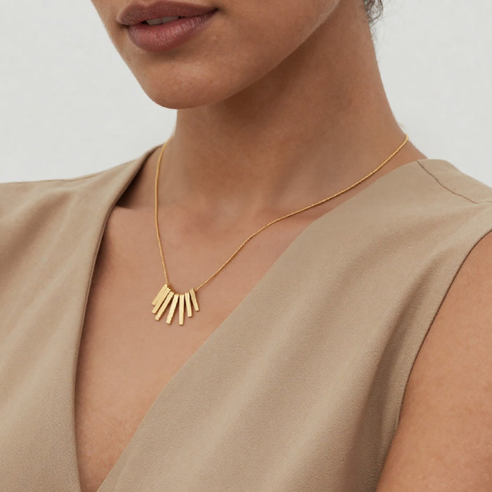 Layered Fan Fringe Pendant Necklace in Polished Gold Tone