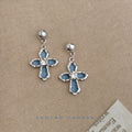 Silver Ball Stud Blue Denim Cross Crystal Drop Earrings view 1