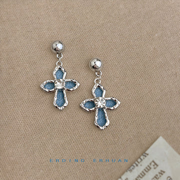 Silver Ball Stud Blue Denim Cross Crystal Drop Earrings