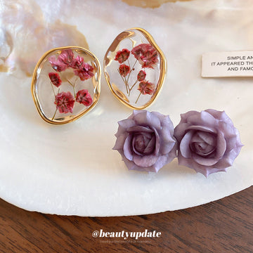 Pressed Flower Oval and Purple Rose Stud Earrings Fashion Jewelry