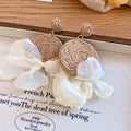 Raffia Disc And Fabric Petal Drop Earrings In Two Colors view 6