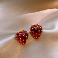 Red Strawberry Crystal Beaded Stud Earrings With Metal Details view 4