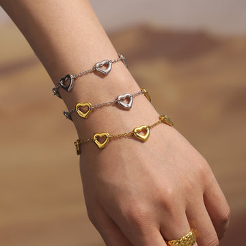 Hollow Heart Chain Bracelet Stainless Steel Four Finishes