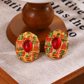 Patterned Oval Green and Red Center Statement Stud Earrings view 3