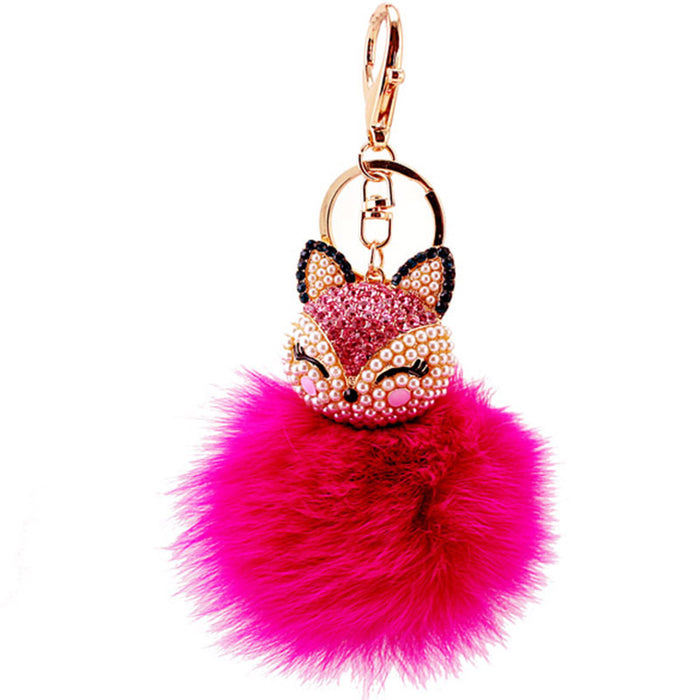 Rhinestone Fox Head Keychain with Fox Fur Pom Pom Bag Charm