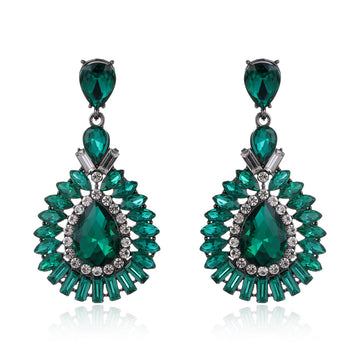 Aqua Silver Tone Green Teardrop Sunburst Crystal Metal Dangle Earrings