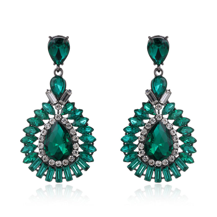 Aqua Silver Tone Green Teardrop Sunburst Crystal Metal Dangle Earrings
