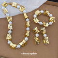 Gold Irregular Metal Bead White Pearl Necklace Bracelet Earrings view 3