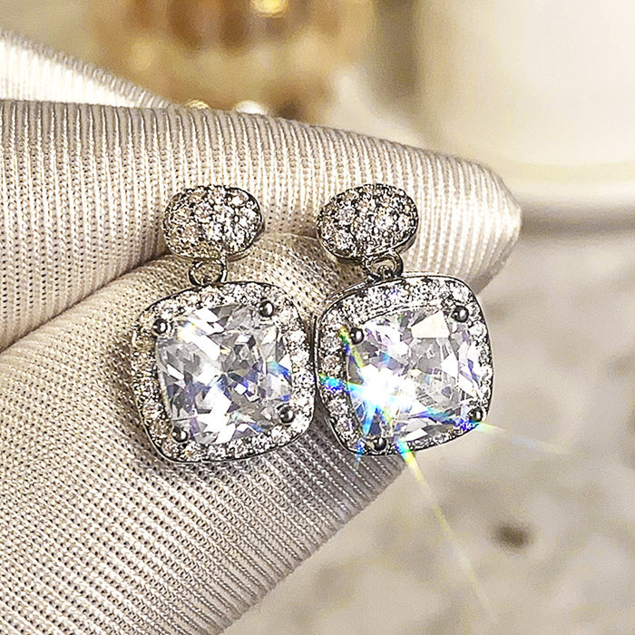 Square Clear Crystal Halo Stud Earrings in Silver Tone