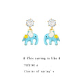 Silver Tone Clear Stone Blue Elephant And Yellow Star Drop Earrings view 1