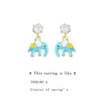Silver Tone Clear Stone Blue Elephant And Yellow Star Drop Earrings