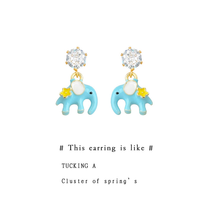 Silver Tone Clear Stone Blue Elephant And Yellow Star Drop Earrings
