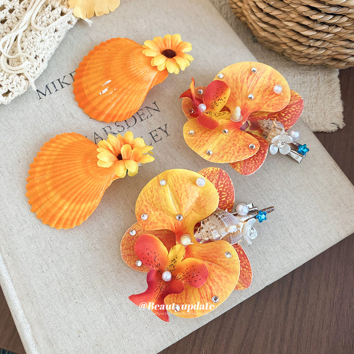 Orange Seashell and Fabric Flower Statement Hair Clips