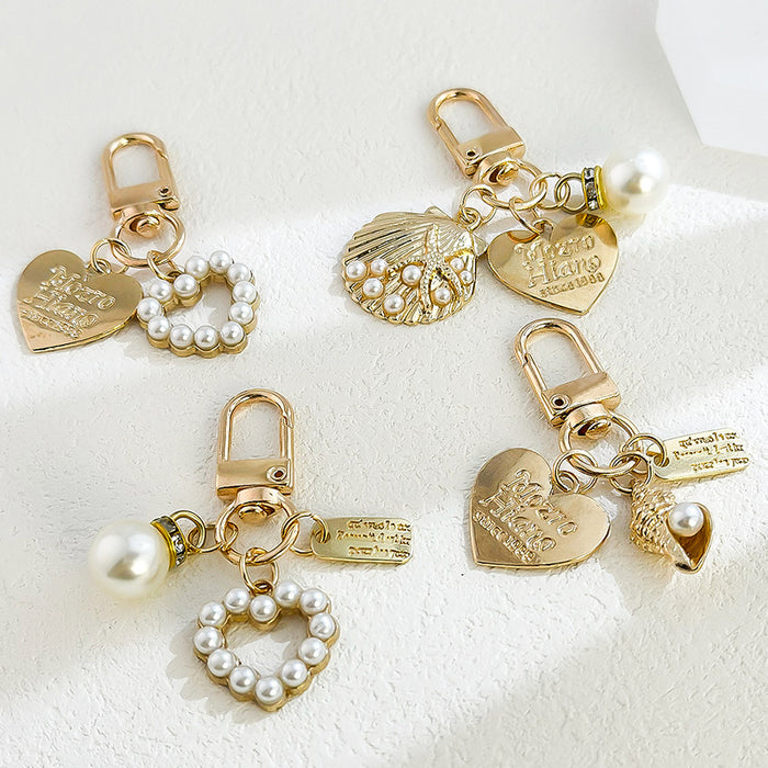Gold Tone Seashell Starfish Charm Keychain With Faux Pearl