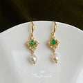 Gold Tone Green Crystal Filigree Drop Earrings Pearl Drops view 4