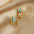 Gold Sunburst Hoop Stud Earrings Oval Turquoise Stone Top view 2