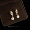Gold-Tone Crown Marquise Clear Stone Pearl Drop Earrings view 4