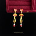 Gold Red Enamel Ruyi Cloud Drop Earrings Coin Stud Tops view 3
