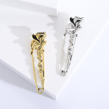 Rose Stem Safety Pin Brooch Gold or Silver With Loop