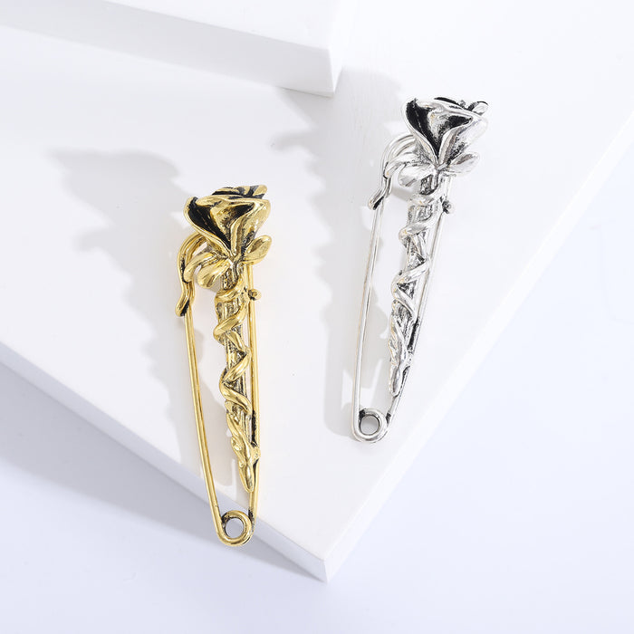 Rose Stem Safety Pin Brooch Gold or Silver With Loop