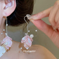 Pastel Floral Petal Drop Earrings with Pearl Accents view 3