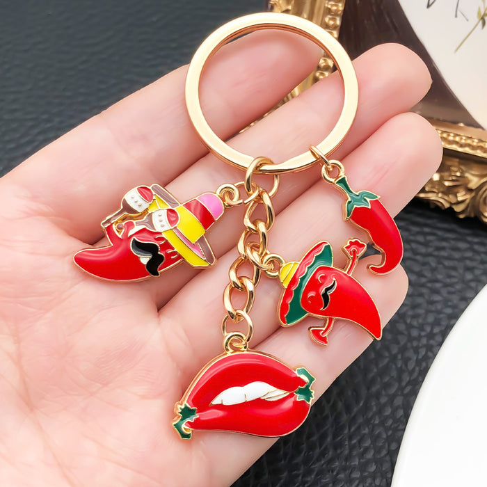 Red Chili Lips and Sombrero Metal Keychain Charm Set