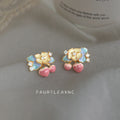 Gold Enamel Flower Blue Leaf Pink Strawberry Stud Earrings view 6