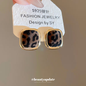 Leopard Print Square Stud Earrings With Gold Tone Frames
