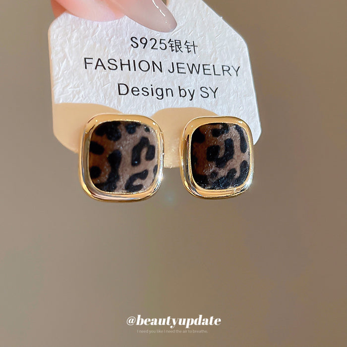 Leopard Print Square Stud Earrings With Gold Tone Frames