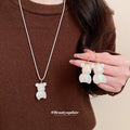 Iridescent Resin Bear Necklace Earrings White Cord Set view 1