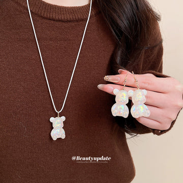 Iridescent Resin Bear Necklace Earrings White Cord Set