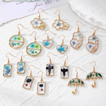 Gold Hook Resin Dried Flower Geometric Earrings 8 Styles