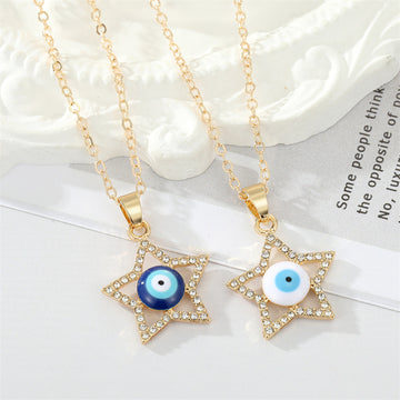 Gold Tone Crystal Outline Star Evil Eye Pendant Necklaces