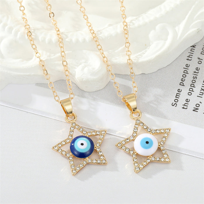 Gold Tone Crystal Outline Star Evil Eye Pendant Necklaces