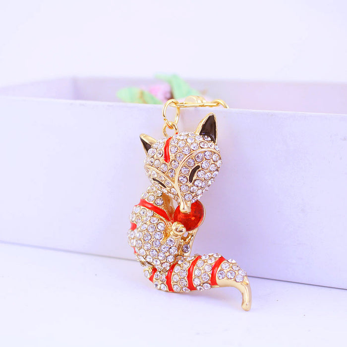 Cute Rhinestone Fox Keychain, Crystal Animal Bag Charm for Car Keys