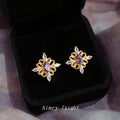 Gold Flower Stud Earrings Purple Oval Clear Marquise view 1