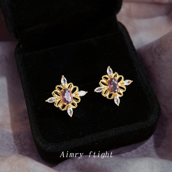 Gold Openwork Flower Stud Earrings Purple Oval Clear Marquise