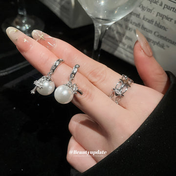 Silver Open Cross Band Ring Pearl Cross Hoop Earrings