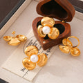 Three-Petal Flower Pearl Rings and Stud Earrings Gold Steel view 2