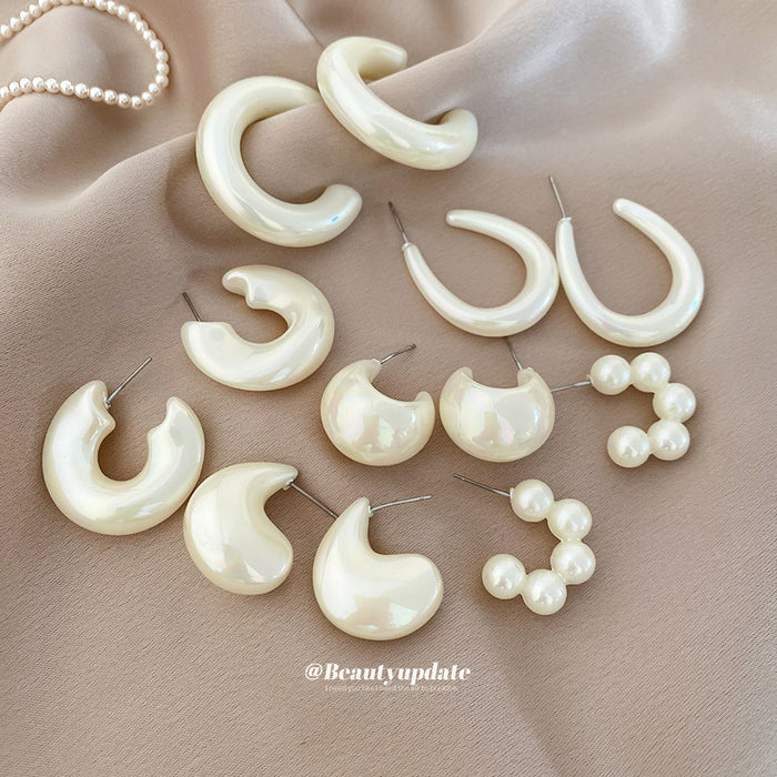 Pearl White Acrylic Earring Set Six Mixed Hoop Styles