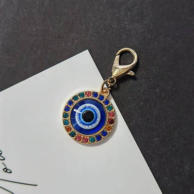 Blue evil eye keychain with multicolor rhinestones and gold lobster clasp