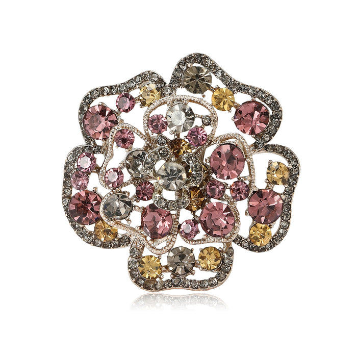 Pink Crystal Layered Flower Brooch in Antique Gold Tone