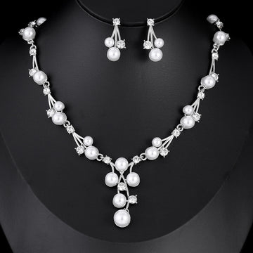Black Silver Tone Pearl Crystal Vine Two Designs Metal Necklace and Earring Set