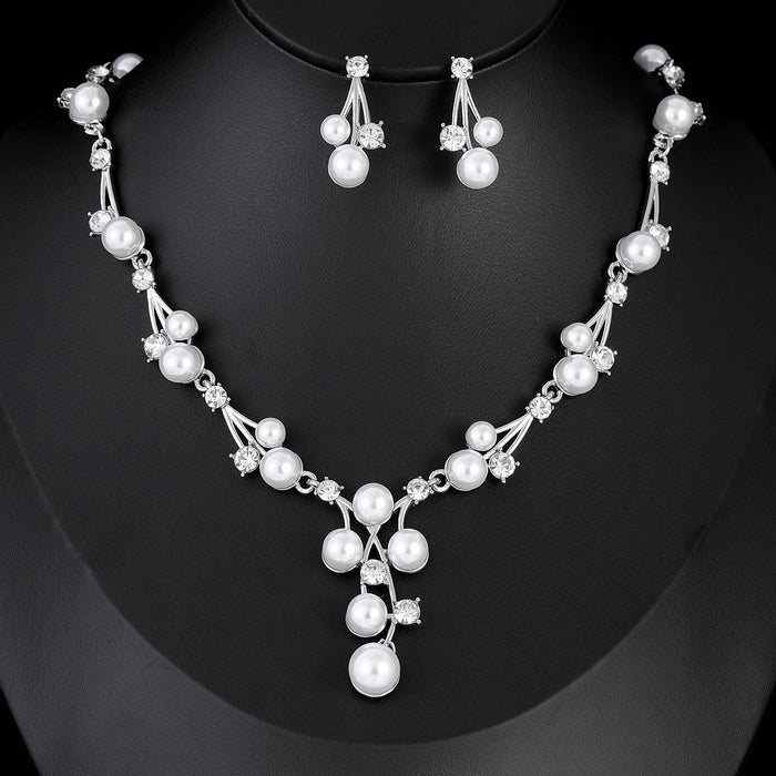 Black Silver Tone Pearl Crystal Vine Two Designs Metal Necklace and Earring Set