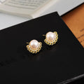 White Pearl Look Gold Lace Halo Small Stud Earrings view 2