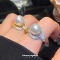 White Pearl Pavé Swirl Open Rings Silver and Gold Tone view 3