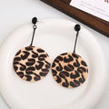 Leopard Print Round Wood Disc Drop Earrings Black Post view 2