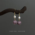 Gold Tone White Pearl And Purple Glass Flower Hook Earrings view 1