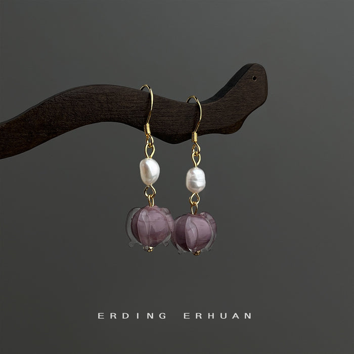 Gold Tone White Pearl And Purple Glass Flower Hook Earrings