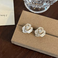 Pearl Look Center Silver Tone Camellia Stud Earrings view 4